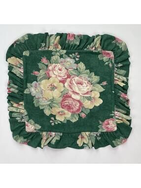 Vintage Ralph Lauren Green Ruffled Rose Floral Square Throw Pillow Zip Cover